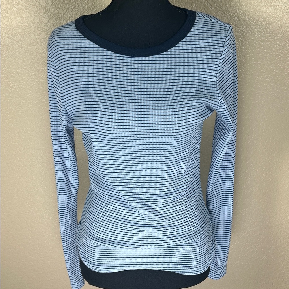 Blue Pinstriped Button Down Shirt Preppy Classic Workwear Chic